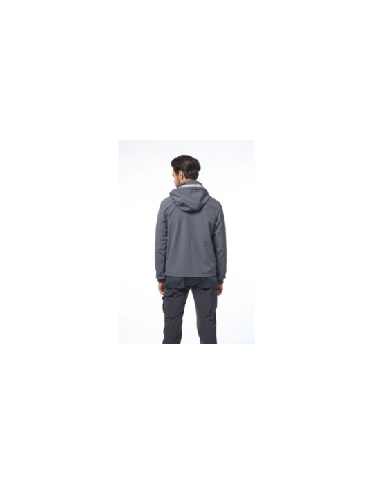Grey waterproof soft-shell jacket with detachable hood and long central zip.