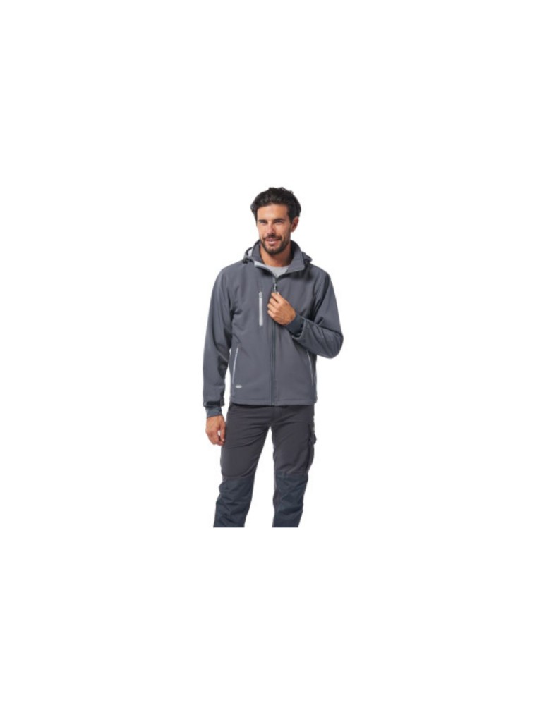 Grey waterproof soft-shell jacket with detachable hood and long central zip. Grey waterproof soft-shell jacket with detachable hood and long central zip.
