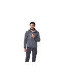 Giacchetto in soft-shell waterproof grigio con cappuccio staccabile e cerniera lunga centrale.
