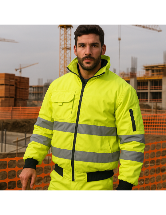 High visibility Winter jacket with detachable sleeves and hood...