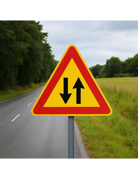 Señal triángulo de carretera lado 90 en hierro clase 1 fig. 387 "tráfico bidireccional"