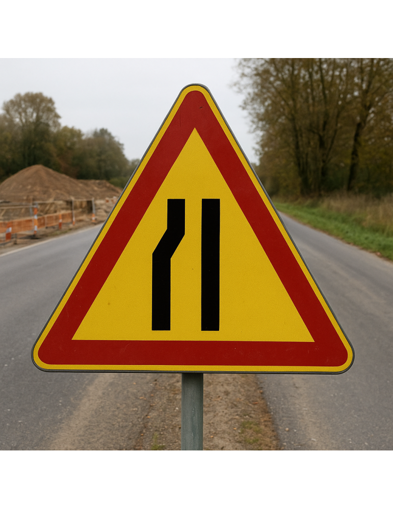 Panneau routier triangulaire côté 90 en fer classe 1 fig. 385 « goulot d’étranglement asymétrique à gauche »