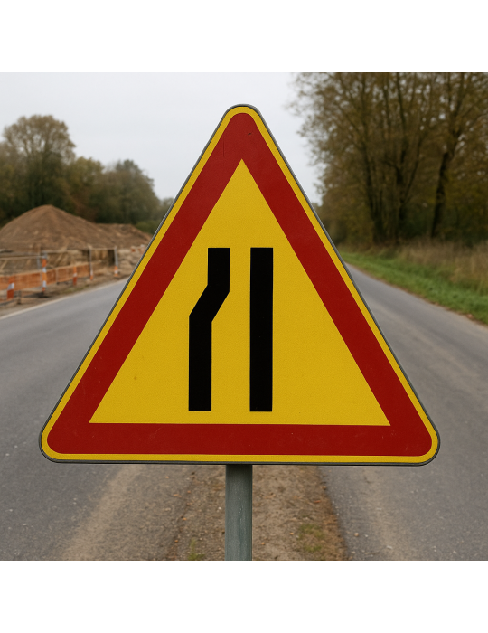 Señal triángulo de carretera lado 90 en hierro clase 1 fig. 385 " cuello de botella asimétrico a la izquierda "