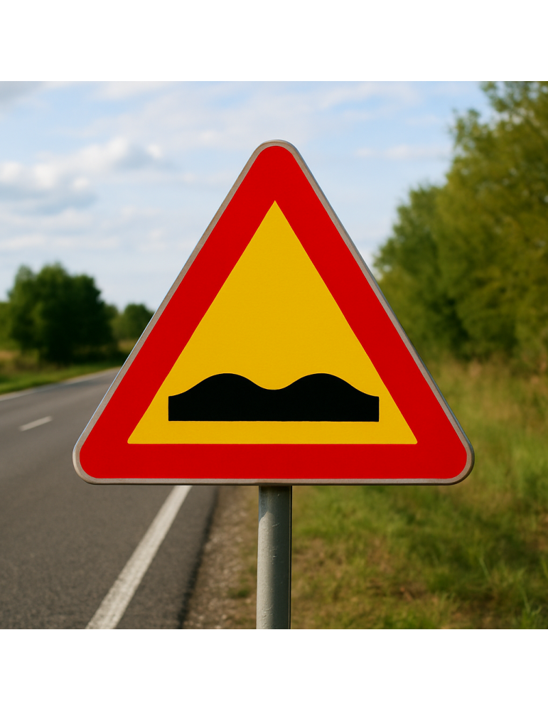 Señal de tránsito triangular lado 90 en hierro clase 1 fig. 389 "carretera deformada"