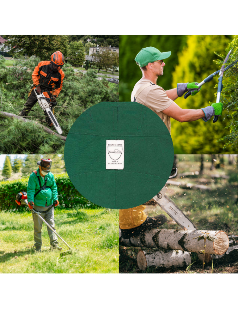 Tuta da boscaiolo Delta Plus verde ed arancio con apertura a zip e bretelle regolabili anti taglio ERABLE3