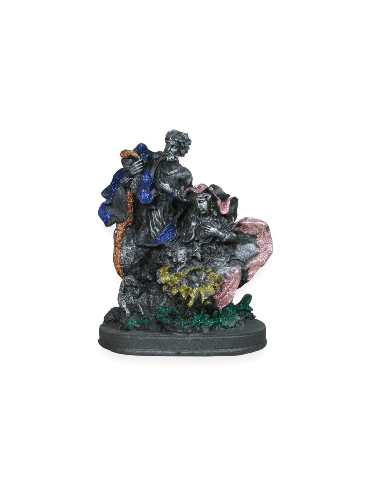 Artistic nativity scene in lava stone with colorful decorations