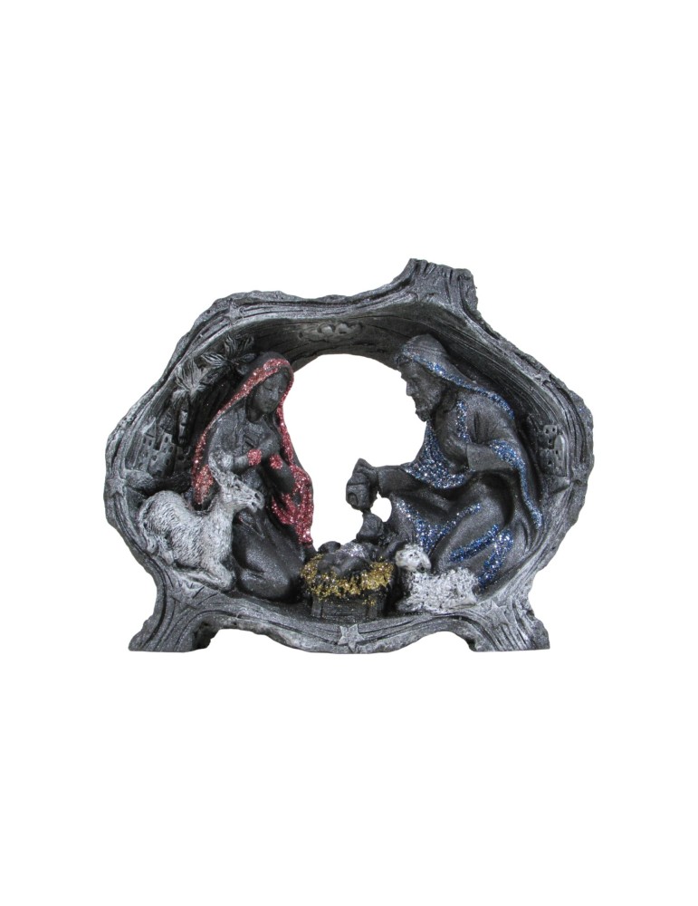 Nativity scene with lava stone trunk with colorful decorations Nativity scene with lava stone trunk with colorful decorations