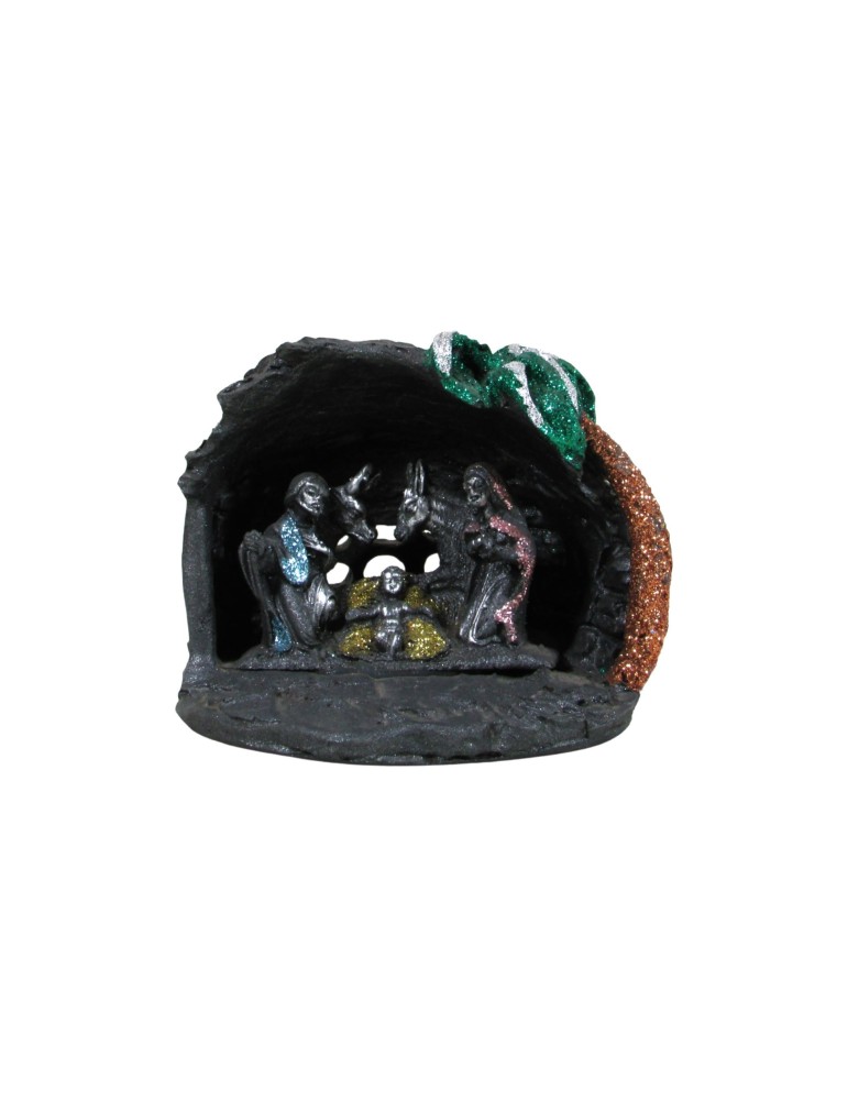 Nativity scene with lava stone palm trees with colorful decorations