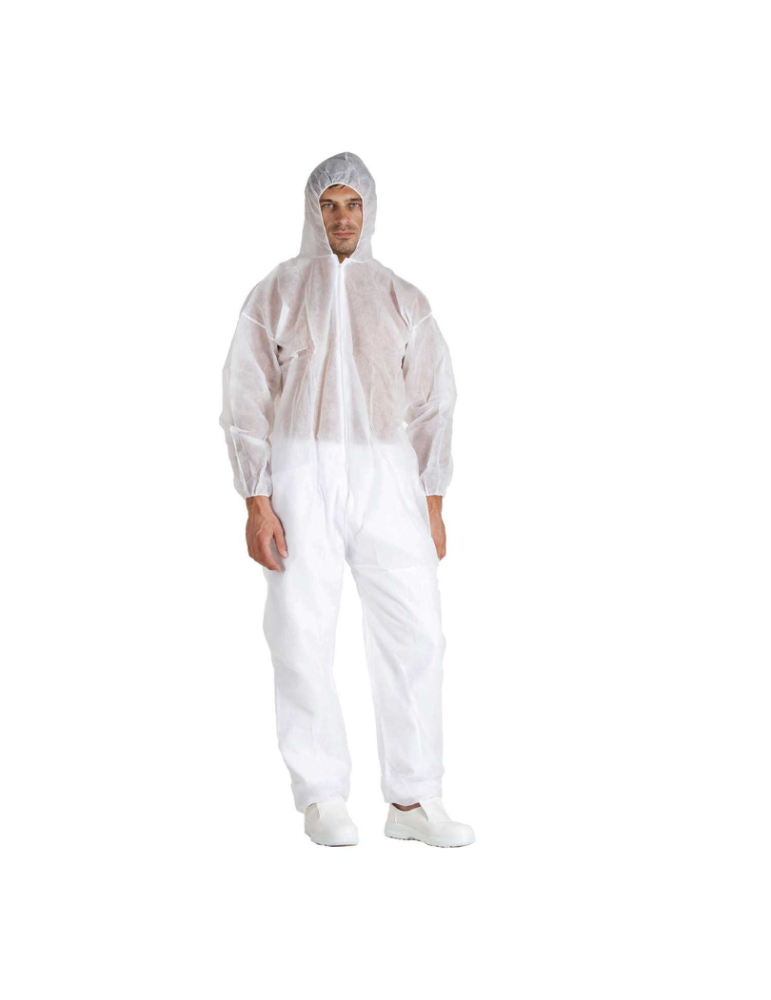 Salopette jetable Logica monobloc avec capuche blanche et fermeture éclair 40 gr 813P