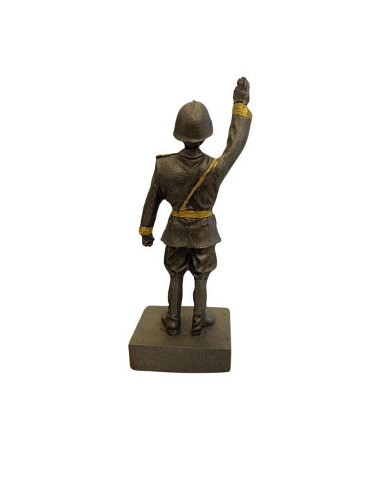 Benito with raised hand in lava stone