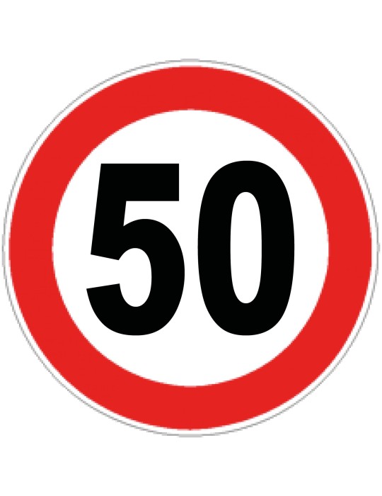 Disco diam. 60 cm classe 1 fig. 50 " limite massimo di velocità 50km/h " Disco diam. 60 cm classe 1 fig. 50 " limite massimo di velocità 50km/h "