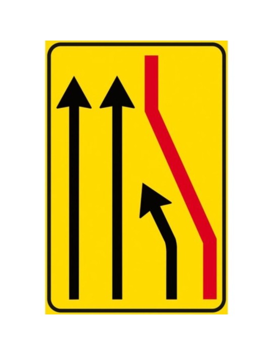 Placa metálica de clase 1 Señal de carril cerrado a la derecha fig. 411/b derecha con dimensiones 90x135 cm sobre fondo amarillo