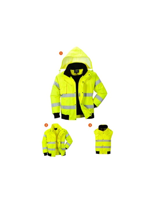Winter jacket with detachable sleeves and concealed hood