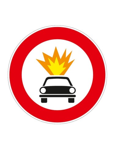 Disco de diámetro de 60 cm, clase 1 fig. 64/a" Tránsito prohibido para vehículos que transporten explosivos o productos inf