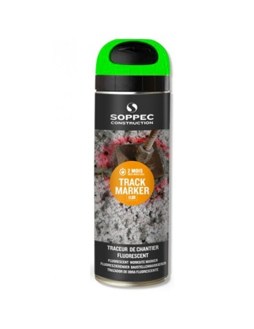Tracciatore da cantiere verde fluorescente, spray, 500ml, idoneo per uso segnaletica stradale, utilizzo capovolto.
