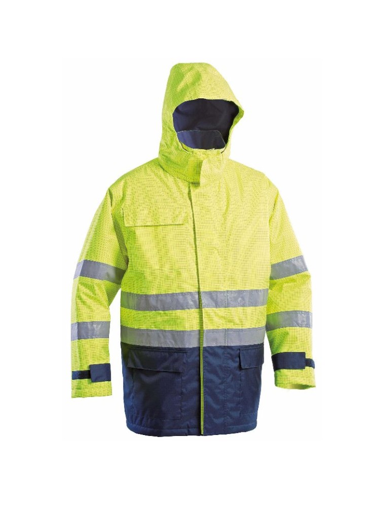 Parka trivalente acolchada en color alto a aire variable recubierta de poliuretano amarillo/azul