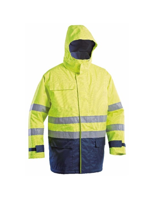 Parka trivalente rembourré en polyuréthane jaune/bleu