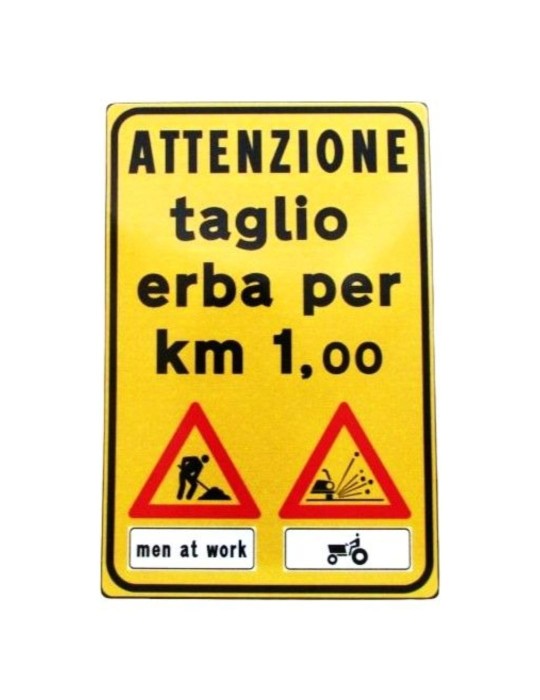 Plaque 60x90 en tôle de classe 1 « attention coupe de pelouse pour 1 km »