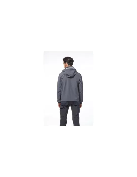 Giacchetto in soft-shell waterproof grigio con cappuccio staccabile e cerniera lunga centrale.